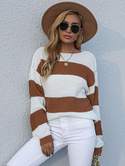 Ladies Pullover Loose Crew Neck Colorblock Sweater - 808Lush