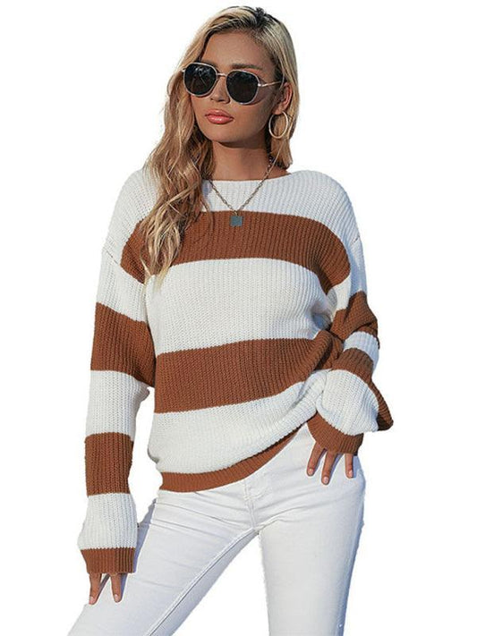 Ladies Pullover Loose Crew Neck Colorblock Sweater - 808Lush