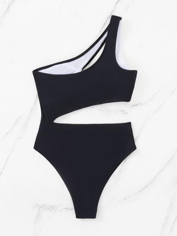 Ladies black and white stitching contrasting color hollow swimsuit - 808Lush