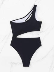 Ladies black and white stitching contrasting color hollow swimsuit - 808Lush