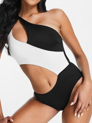 Ladies black and white stitching contrasting color hollow swimsuit - 808Lush