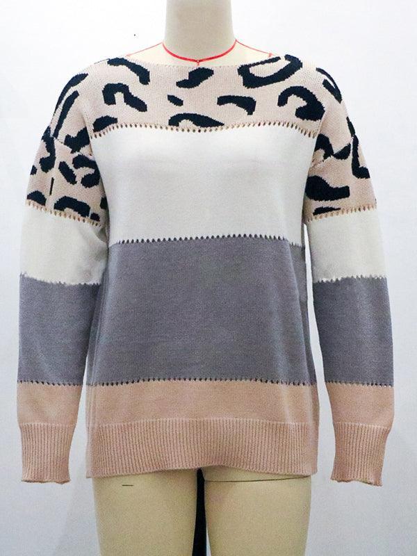 Leopard print round neck color block sweater autumn and winter women's knitwear - 808Lush