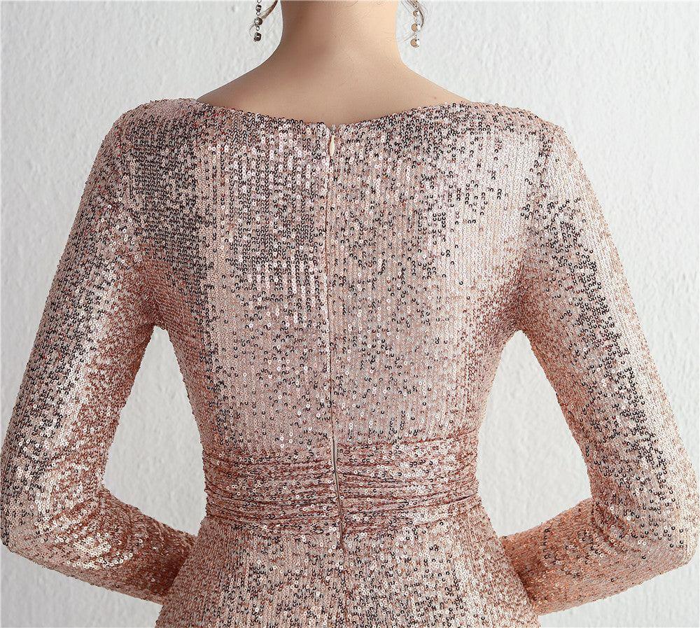 Long Sleeve Cocktail Wrinkle Craft Elegant Long Sequin Aura Queen Fishtail Folding - 808Lush