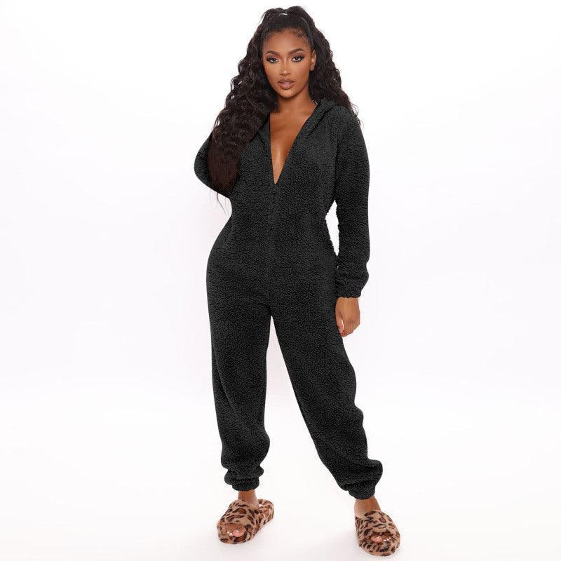 Long Sleeve Hooded Casual Jumpsuit Pants Plush Loungewear - 808Lush
