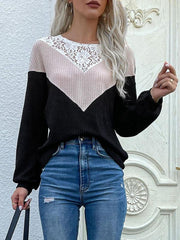 Long-sleeve color-block lace crewneck sweater - 808Lush