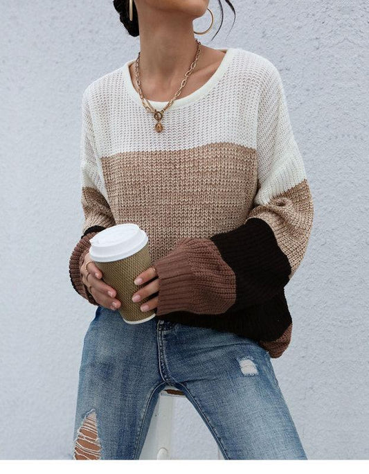 Loose Colorblock Long Sleeve Ladies Autumn Sweater - 808Lush