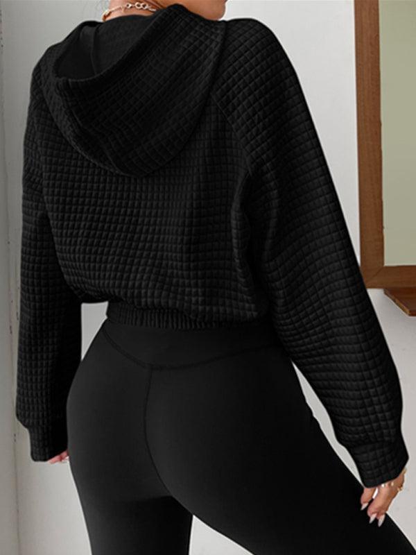 Loose pullover hooded long-sleeved patchwork waffle sweatshirt - 808Lush