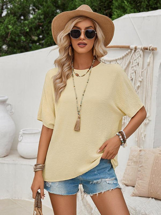 Loose round neck solid color lace back short sleeve top for women - 808Lush