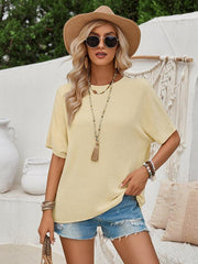 Loose round neck solid color lace back short sleeve top for women - 808Lush