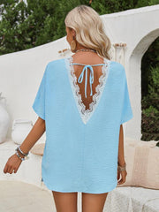 Loose round neck solid color lace back short sleeve top for women - 808Lush