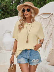 Loose round neck solid color lace back short sleeve top for women - 808Lush