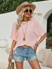Loose round neck solid color lace back short sleeve top for women - 808Lush