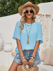 Loose round neck solid color lace back short sleeve top for women - 808Lush