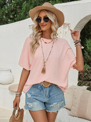 Loose round neck solid color lace back short sleeve top for women - 808Lush