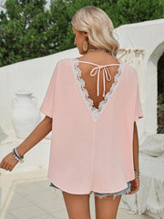 Loose round neck solid color lace back short sleeve top for women - 808Lush