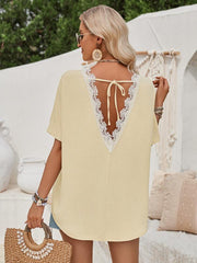 Loose round neck solid color lace back short sleeve top for women - 808Lush