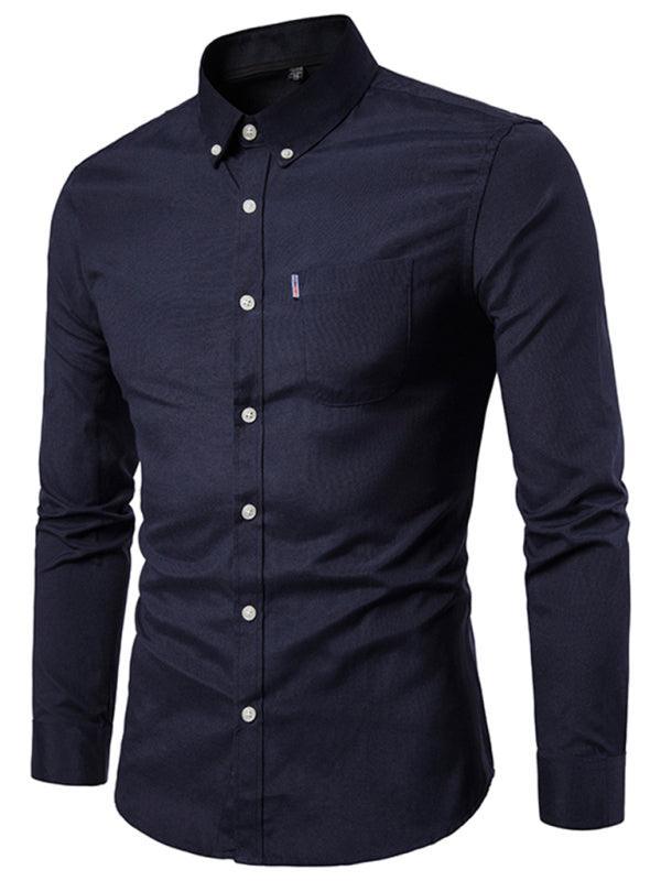 Men's Casual Slim Cotton Oxford Solid Color Large Size Bottom Shirt Long Sleeves - 808Lush