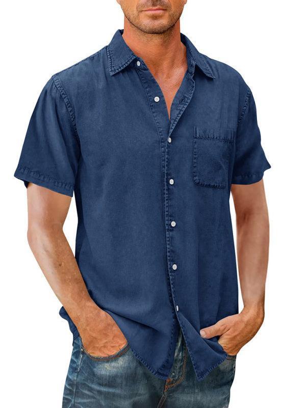 Men's Casual Solid Color Short Sleeve Shirt Slim Fit Lapel Shirt - 808Lush