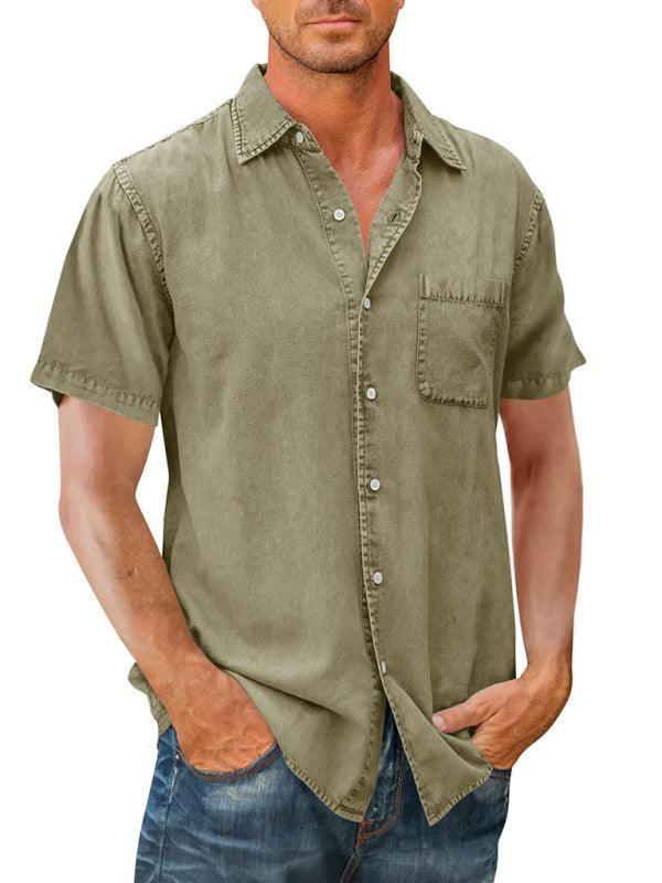 Men's Casual Solid Color Short Sleeve Shirt Slim Fit Lapel Shirt - 808Lush