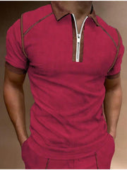 Men's Color Block Zipper Lapel Short Sleeve Polo Shirt - 808Lush