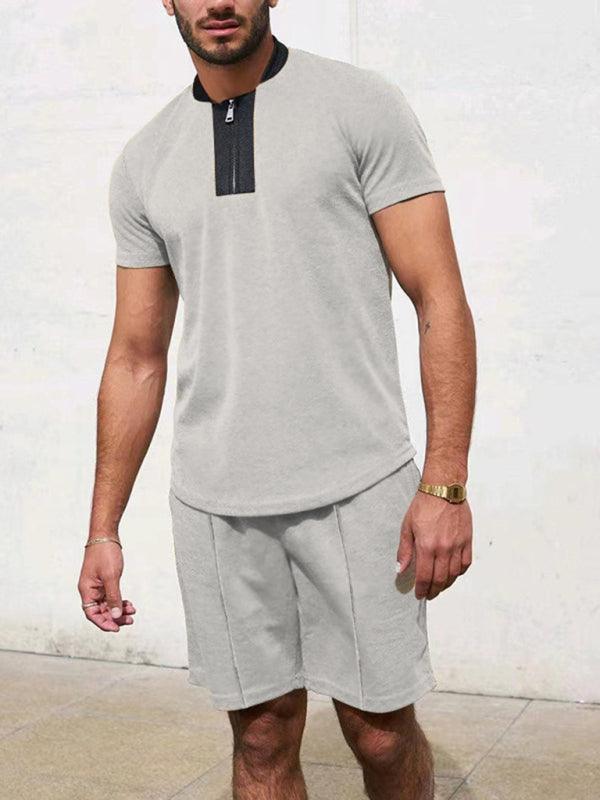 Men's Contrasting Color Waffle V-Neck Zipper T-Shirt + Shorts Casual Suit - 808Lush