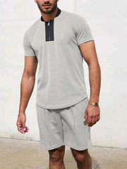 Men's Contrasting Color Waffle V-Neck Zipper T-Shirt + Shorts Casual Suit - 808Lush