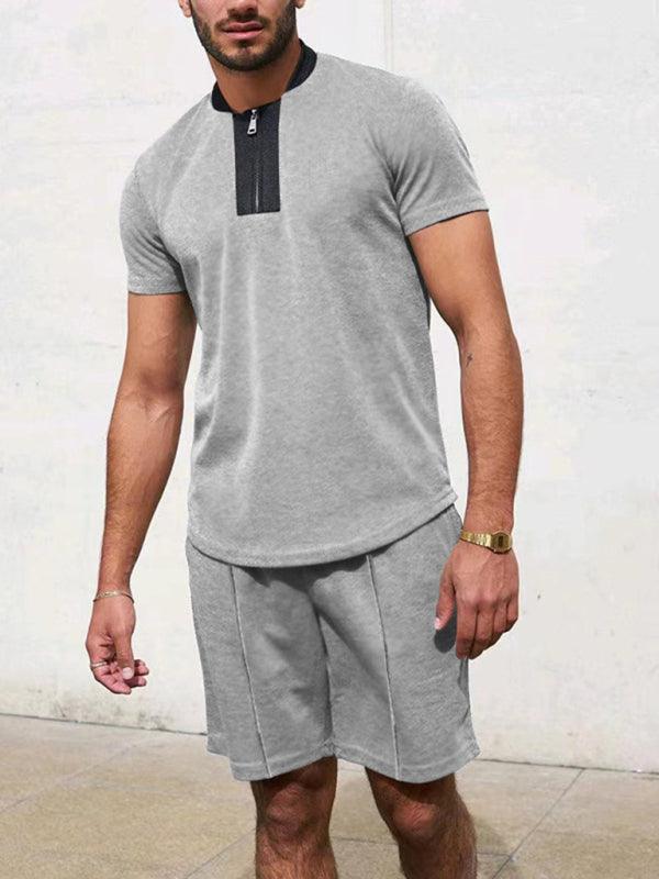 Men's Contrasting Color Waffle V-Neck Zipper T-Shirt + Shorts Casual Suit - 808Lush