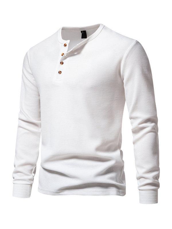 Men's Four Button Waffle Henley Neck Long Sleeve T-Shirt - 808Lush