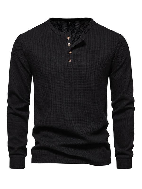 Men's Four Button Waffle Henley Neck Long Sleeve T-Shirt - 808Lush