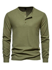 Men's Four Button Waffle Henley Neck Long Sleeve T-Shirt - 808Lush