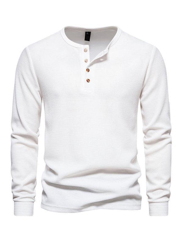 Men's Four Button Waffle Henley Neck Long Sleeve T-Shirt - 808Lush