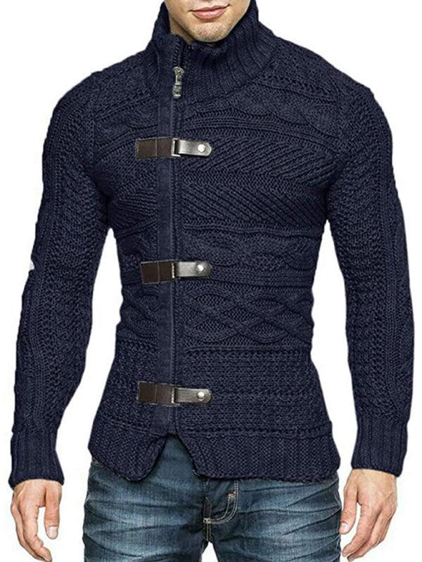 Men's Leather Button Long Sleeve Knitted Cardigan Jacket - 808Lush