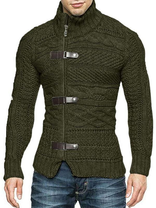 Men's Leather Button Long Sleeve Knitted Cardigan Jacket - 808Lush