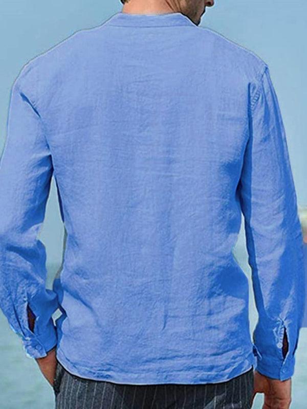 Men's Solid Color Cotton Linen Pocket Shirt - 808Lush