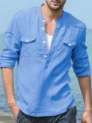 Men's Solid Color Cotton Linen Pocket Shirt - 808Lush