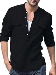 Men's Solid Color Cotton Linen Pocket Shirt - 808Lush