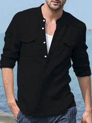 Men's Solid Color Cotton Linen Pocket Shirt - 808Lush