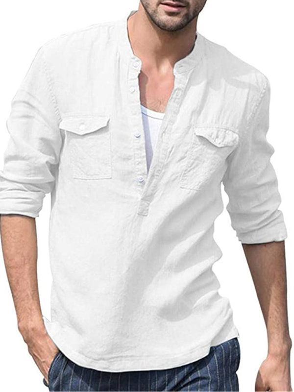 Men's Solid Color Cotton Linen Pocket Shirt - 808Lush
