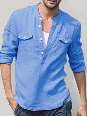 Men's Solid Color Cotton Linen Pocket Shirt - 808Lush