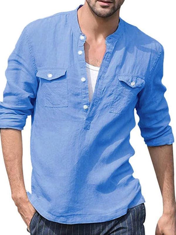 Men's Solid Color Cotton Linen Pocket Shirt - 808Lush