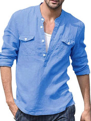 Men's Solid Color Cotton Linen Pocket Shirt - 808Lush