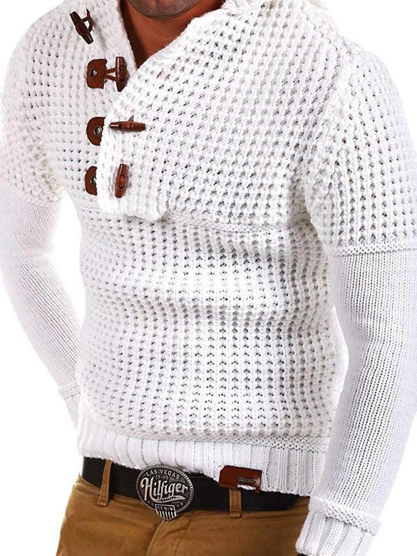 Men's Solid Color Lapel Collar Diagonal Button Horn Button Pullover Sweater - 808Lush
