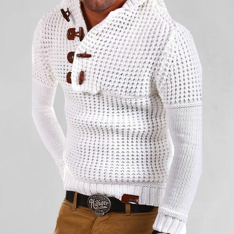 Men's Solid Color Lapel Collar Diagonal Button Horn Button Pullover Sweater - 808Lush