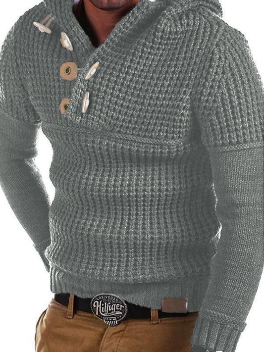 Men's Solid Color Lapel Collar Diagonal Button Horn Button Pullover Sweater - 808Lush