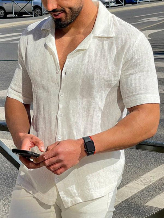 Men's Solid Color Thin Short Sleeve Lapel Collar Simple Casual Shirt - 808Lush