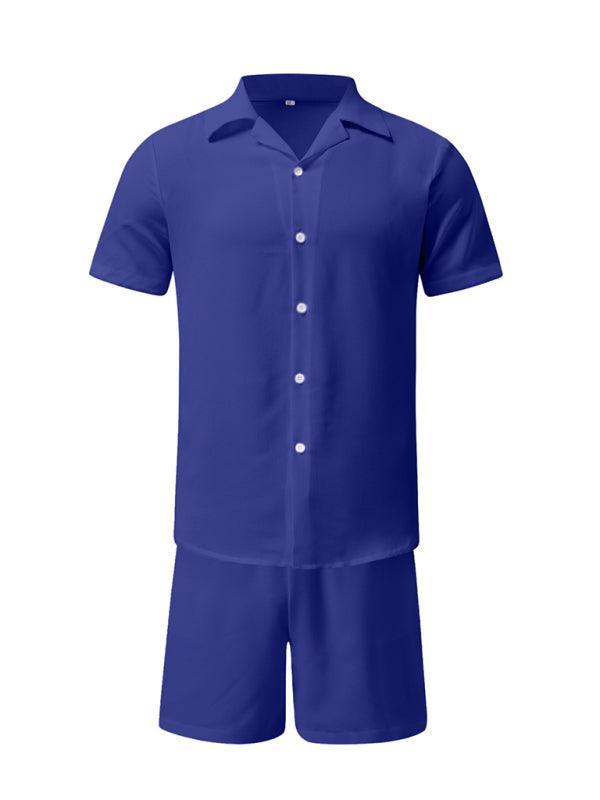 Men's Summer Lapel Cotton Linen Solid Color Short Sleeve Shorts Set - 808Lush
