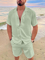 Men's Summer Lapel Cotton Linen Solid Color Short Sleeve Shorts Set - 808Lush