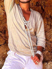 Men's Woven Casual V-Neck Solid Color Three-quarter Sleeve Shirt - 808Lush