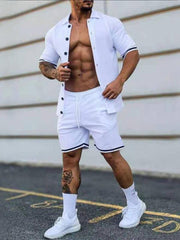 Men's color contrast lapel short-sleeved shirt + shorts two-piece suit - 808Lush