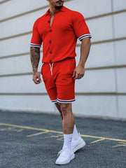 Men's color contrast lapel short-sleeved shirt + shorts two-piece suit - 808Lush